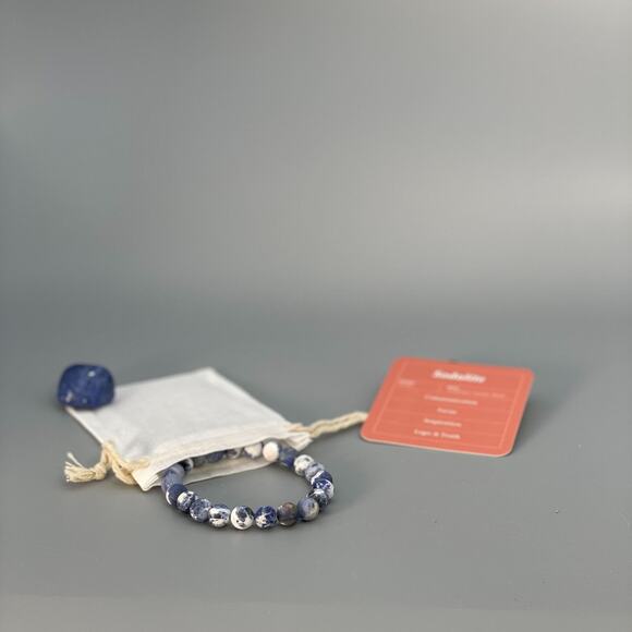 Sodalite Chakra Bracelet Beads Matte Elastic Stretch Tumbled Stone, Gift Pouch - Picture 4 of 6
